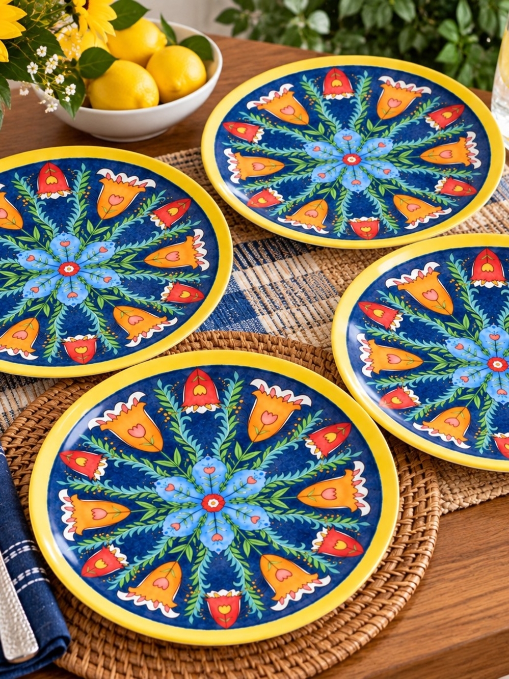 Set of 4 Melamine Floral Plates Blue Yellow Folk Art Mandala 10" Unbranded NEW